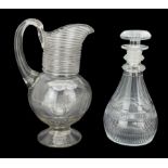 Victorian glass jug with applied spun glass neck and slice cut body on pedestal foot H26cm and a cut