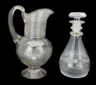 Victorian glass jug with applied spun glass neck and slice cut body on pedestal foot H26cm and a cut