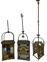 Early 20th century brass square pendant hall lantern with leaded and coloured glass panels H137cm ov