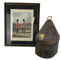 19th century officer's helmet tin with a brass plate inscribed 'Lord Montagu' and a coloured print '