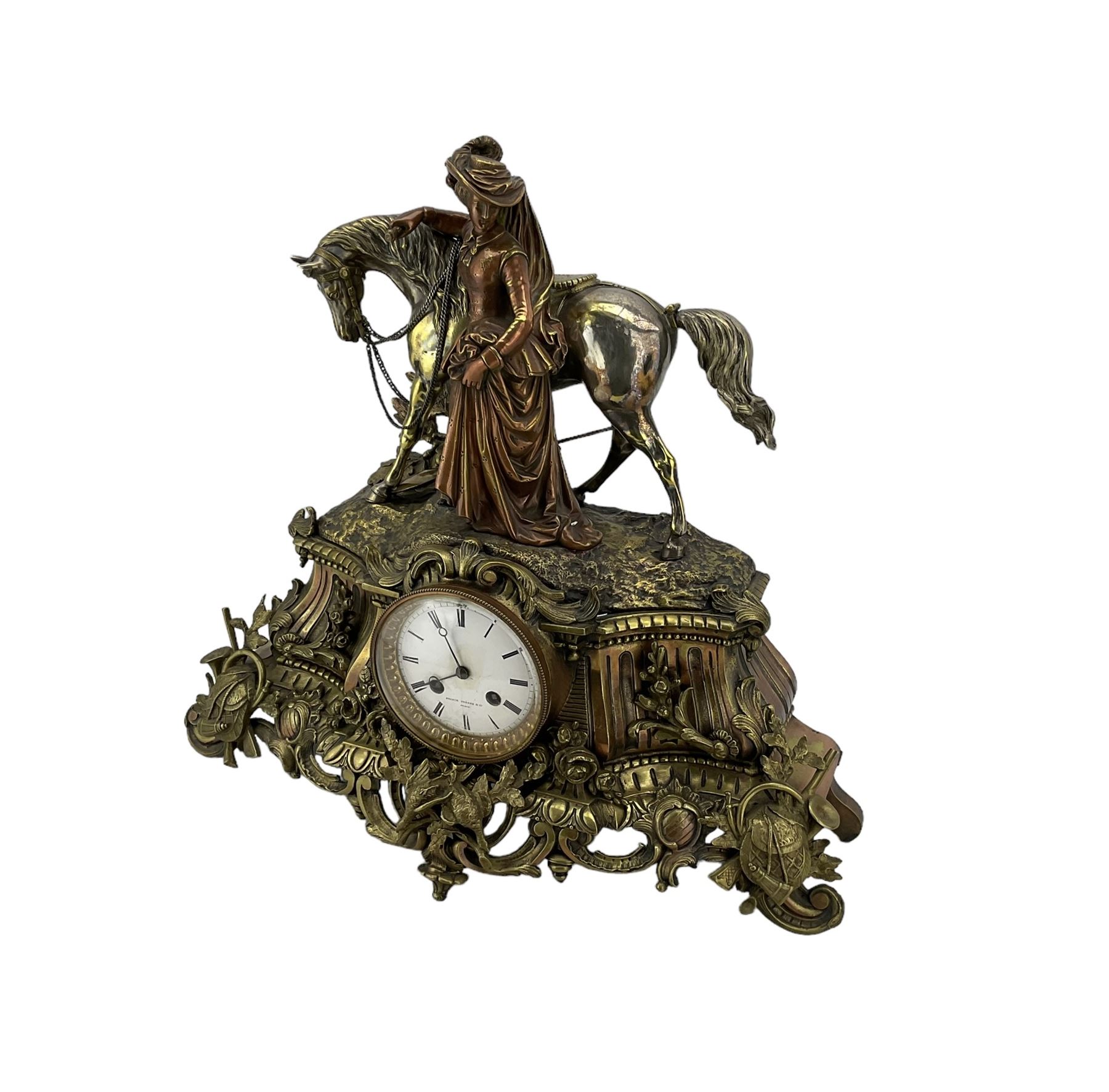 French - 19th century brass cased 8-day mantle clock surmounted with a figure of a lady in 18th cent - Image 2 of 4