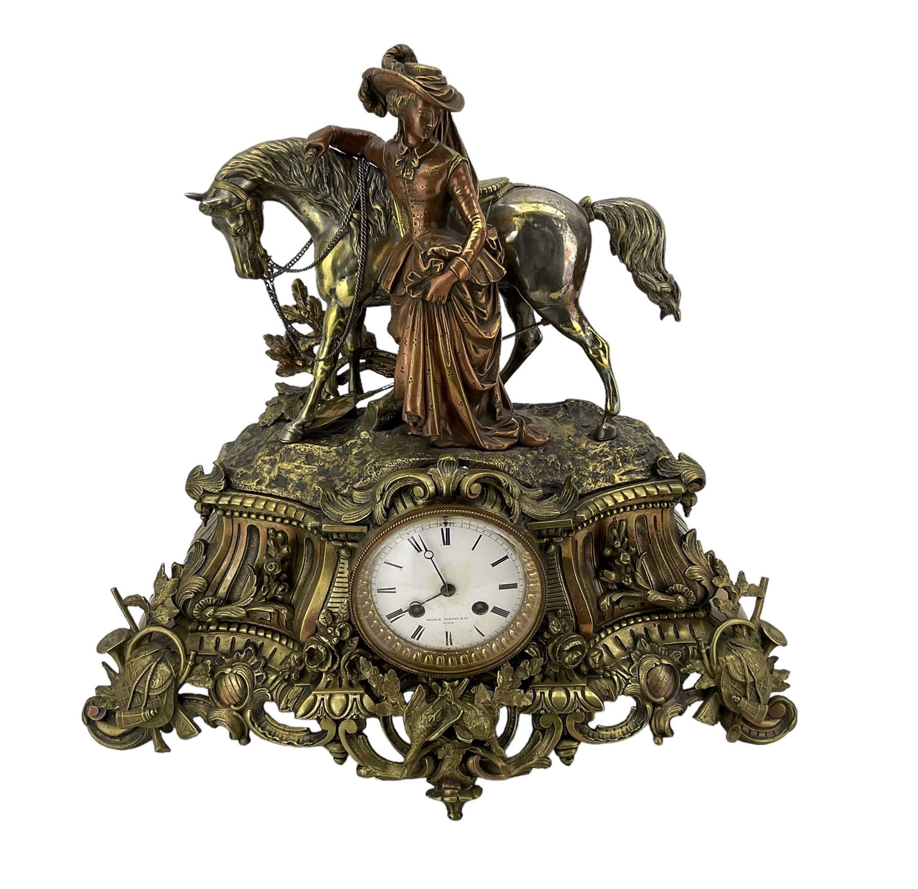 French - 19th century brass cased 8-day mantle clock surmounted with a figure of a lady in 18th cent