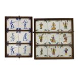 Set of nine 18th century English Delft tiles painted with Oriental figures with birds to the corners