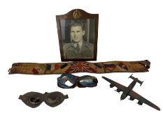 Military leather belt inscribed in cross stitch 'Pte M Pavey K.O.Y.L.I.' and Allied flags etc