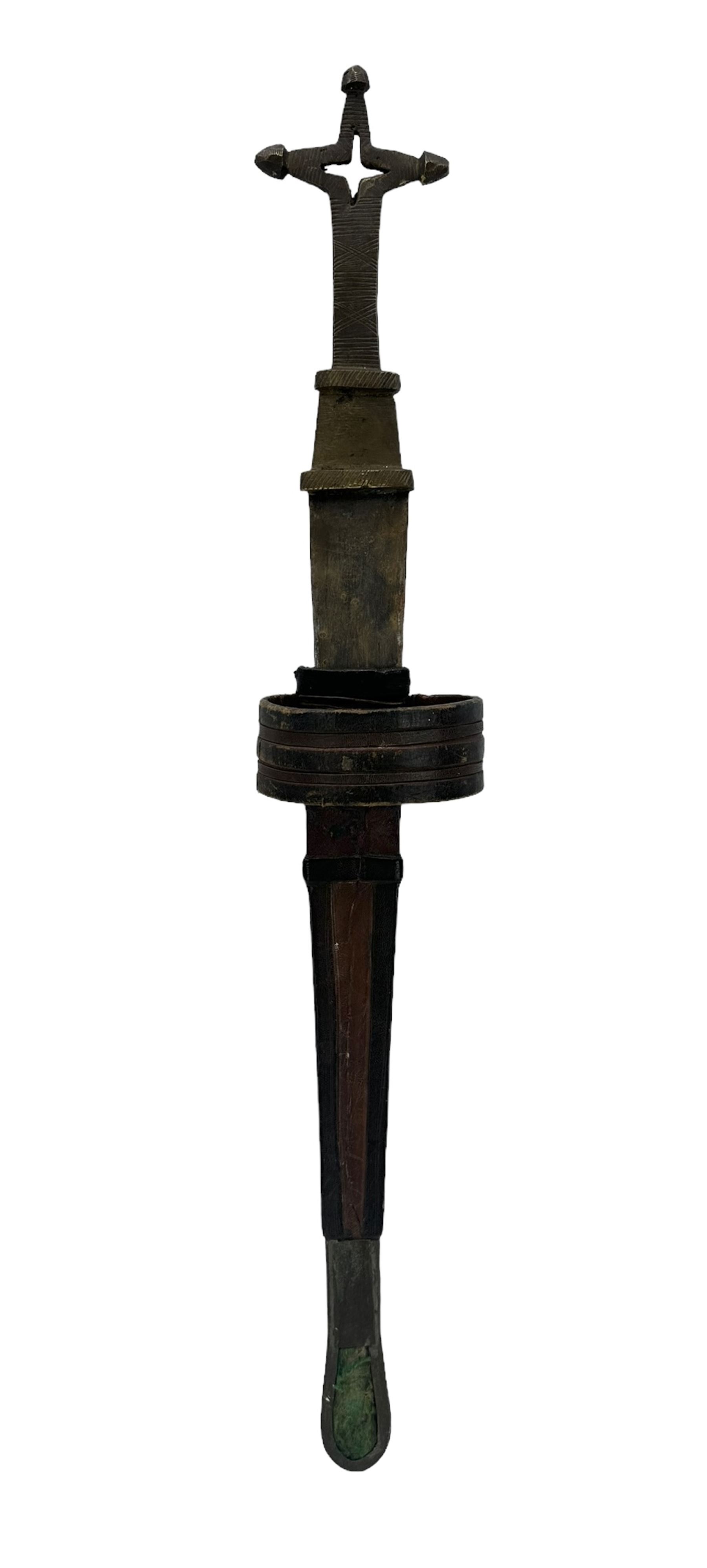 African Tuareg Telek arm dagger with brass hilt and leather scabbard L62cm