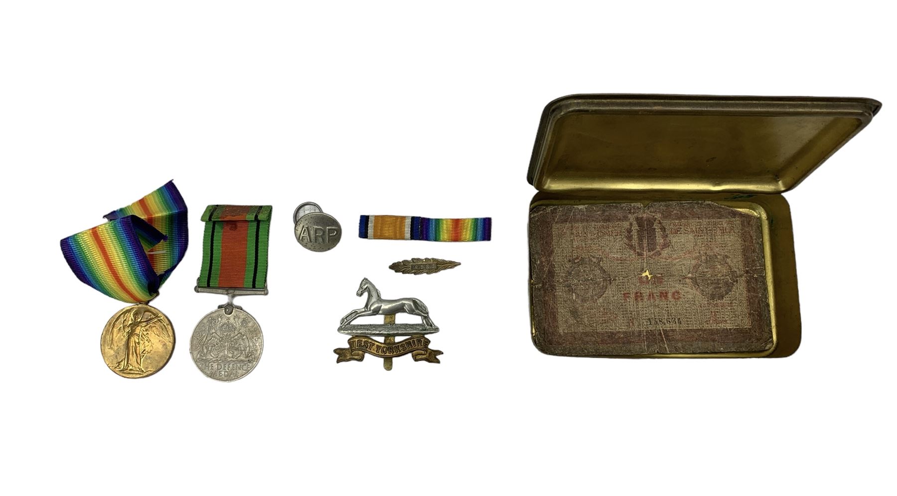 WWI Princess Mary gift tin containing WWI pair of War and Victory medals to 29313 Pte. R Burnell