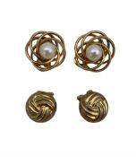 Pair of 9ct gold cultured pearl clip earrings and a pair of 9ct gold knot stud clip earrings (2)