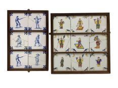 Set of nine 18th century English Delft tiles painted with Oriental figures with birds to the corners