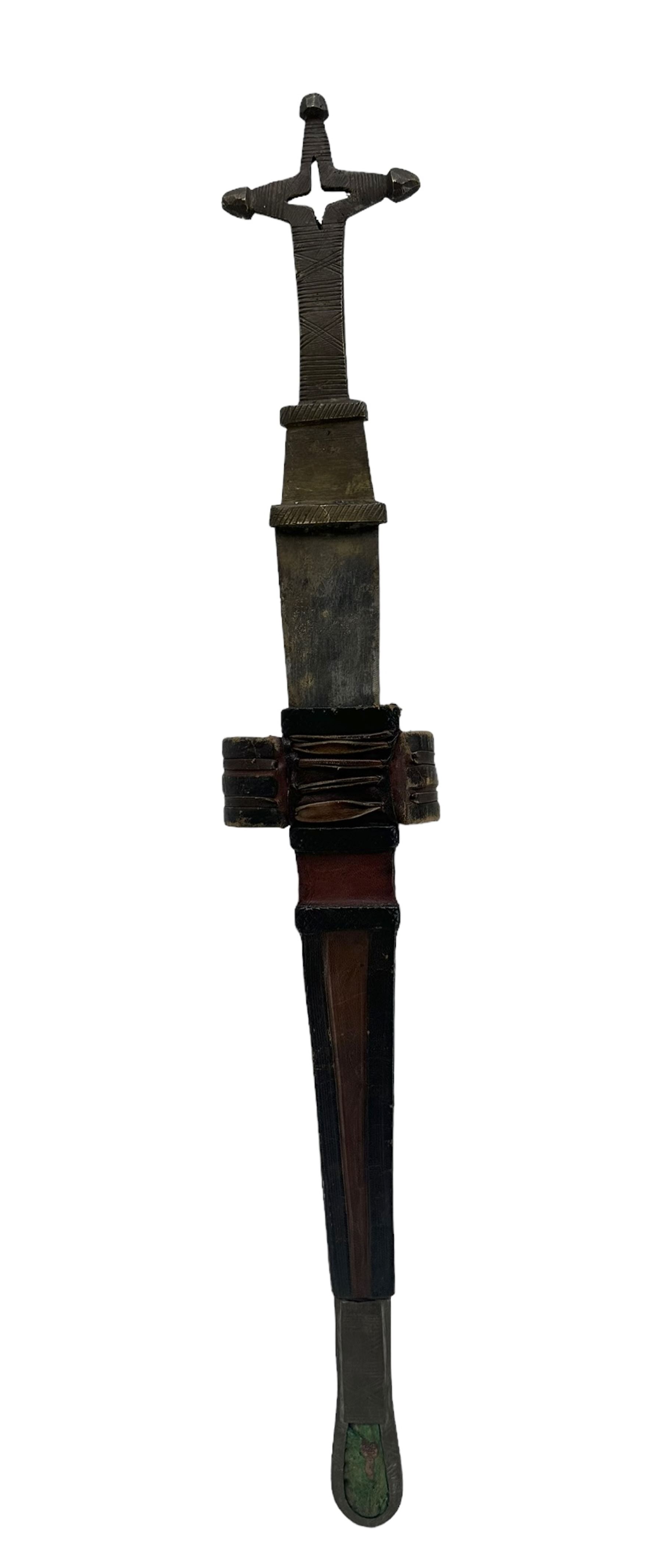 African Tuareg Telek arm dagger with brass hilt and leather scabbard L62cm - Image 2 of 4