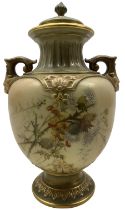 Royal Worcester blush ivory twin handled vase and cover