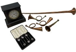Collection of five assorted brass and copper hunting horns; slate effect French mantle clock; case o