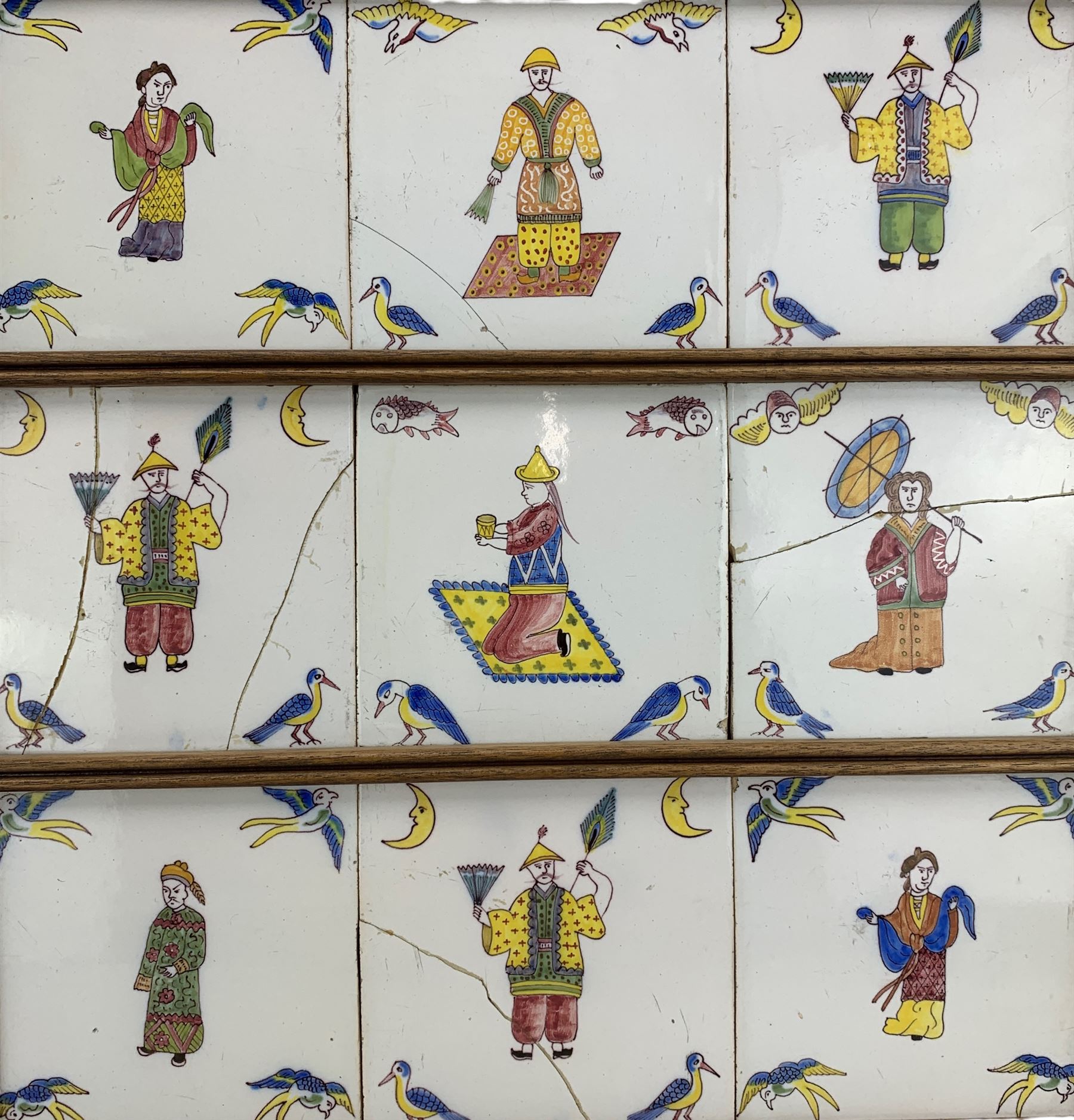 Set of nine 18th century English Delft tiles painted with Oriental figures with birds to the corners - Image 2 of 3