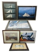 Three large framed maritime photographs together with three prints of Picasso