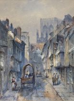 Thomas 'Tom' Dudley (British 1857-1935): 'Fossgate - York' with view of Minster