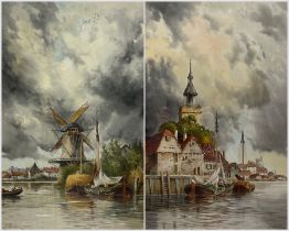 Louis Van Staaten (Dutch 1836-1909): Dutch Waterways with Windmills