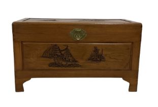 Singapore carved camphor wood blanket chest