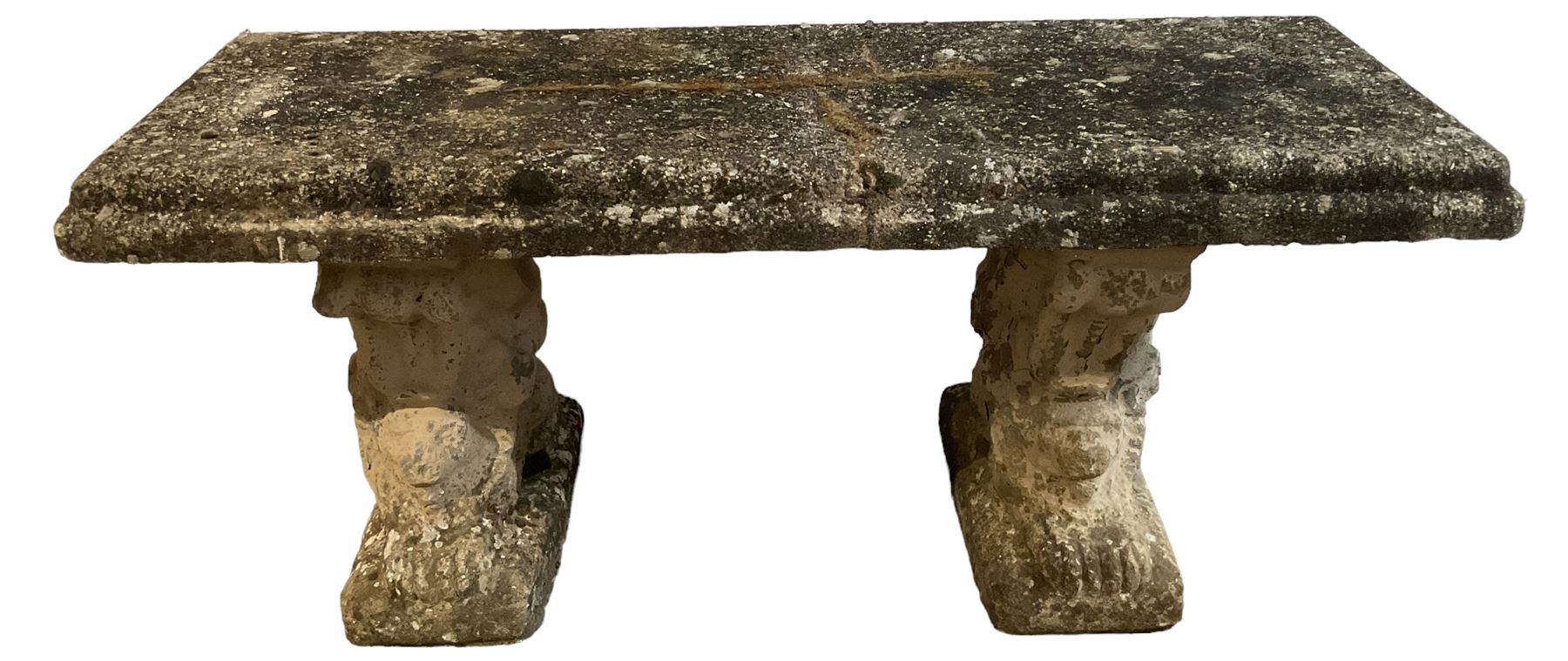 Three-piece weathered cast stone garden bench - Image 2 of 4