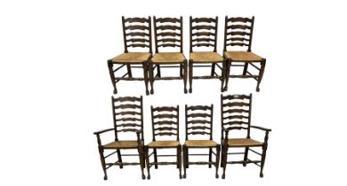 Set of eight (6+2) early 20th century stained beech dining chairs