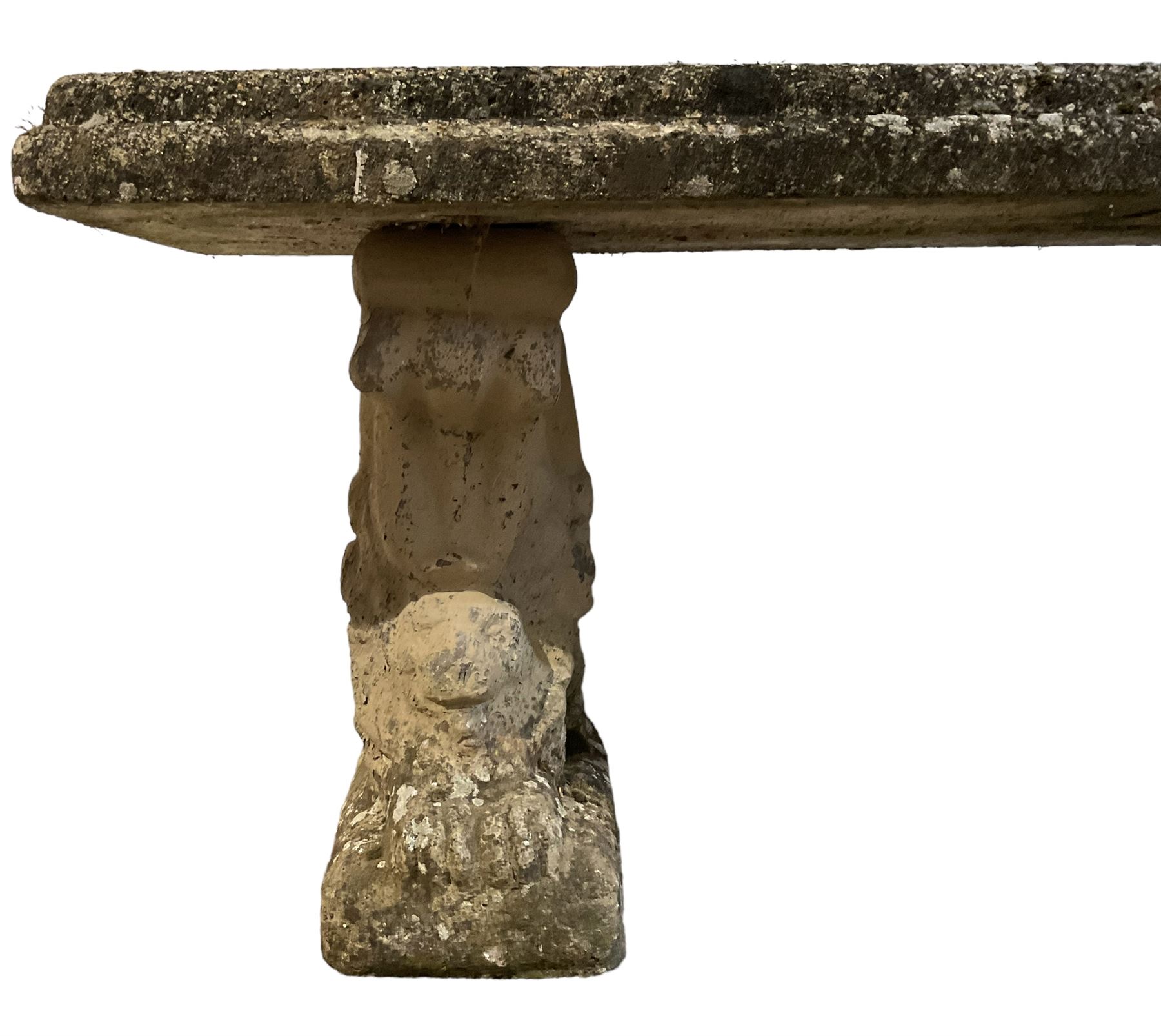 Three-piece weathered cast stone garden bench - Image 3 of 4