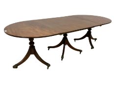 Regency design mahogany triple pillar dining table