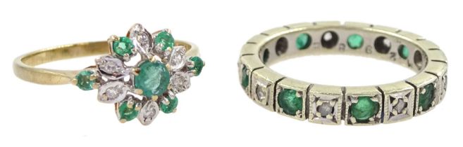 Gold emerald and diamond cluster ring and a white gold emerald and diamond full eternity ring