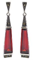 Pair of red quartz and marcasite pendant stud earrings