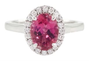 18ct white gold oval cut pink tourmaline and round brilliant cut diamond cluster ring