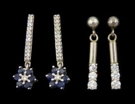 Pair of 14ct white gold white and blue sapphire pendant stud earrings and a pair of 18ct white gold