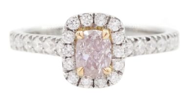 Platinum cushion cut fancy purple / pink diamond and round brilliant cut white diamond cluster ring