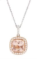 18ct white and rose gold cushion cut morganite and round brilliant cut diamond pendant