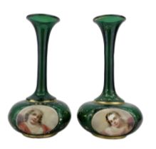 Pair of late 19th century Bohemian green and white overlaid glass bottle vases