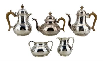 Queen Anne design five piece silver tea and coffee set of circular baluster form with domed covers a