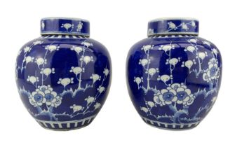 Pair of 20th century Chinese Prunus pattern ginger jars with flat covers