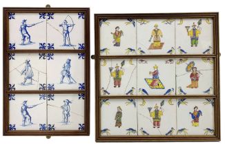 Set of nine 18th century English Delft tiles painted with Oriental figures with birds to the corners