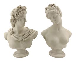 Pair of faux marble busts depicting Apollo Belvedere and Aphrodite