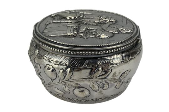 Continental silver circular box with hinged cover embossed with figures in an Inn - Image 3 of 5