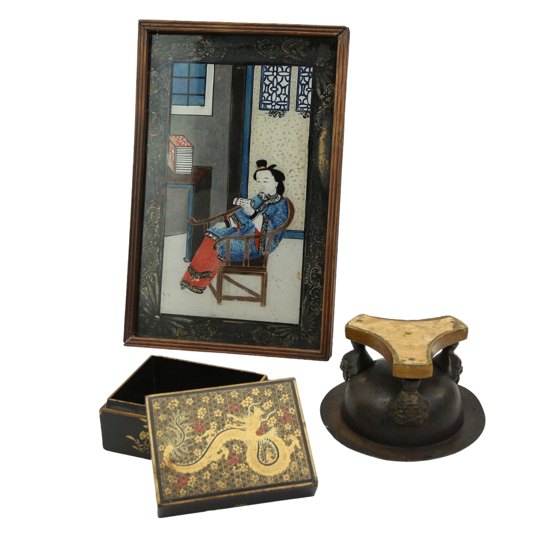 Chinese reverse painting on glass of an interior scene with figure reading 28cm x 17cm