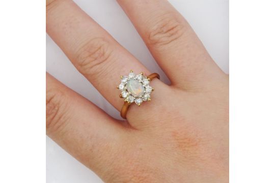 9ct gold oval opal and round brilliant cut diamond cluster ring - Image 2 of 4