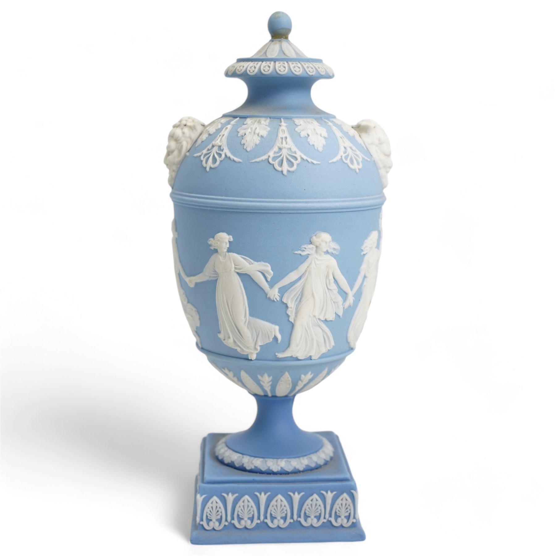 Group of five late 19th and early 20th century Wedgwood blue jasperware urn vases - Image 11 of 13