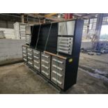 Unused Steelman 10' Work Bench, 30 Drawers, 2 Cabinets