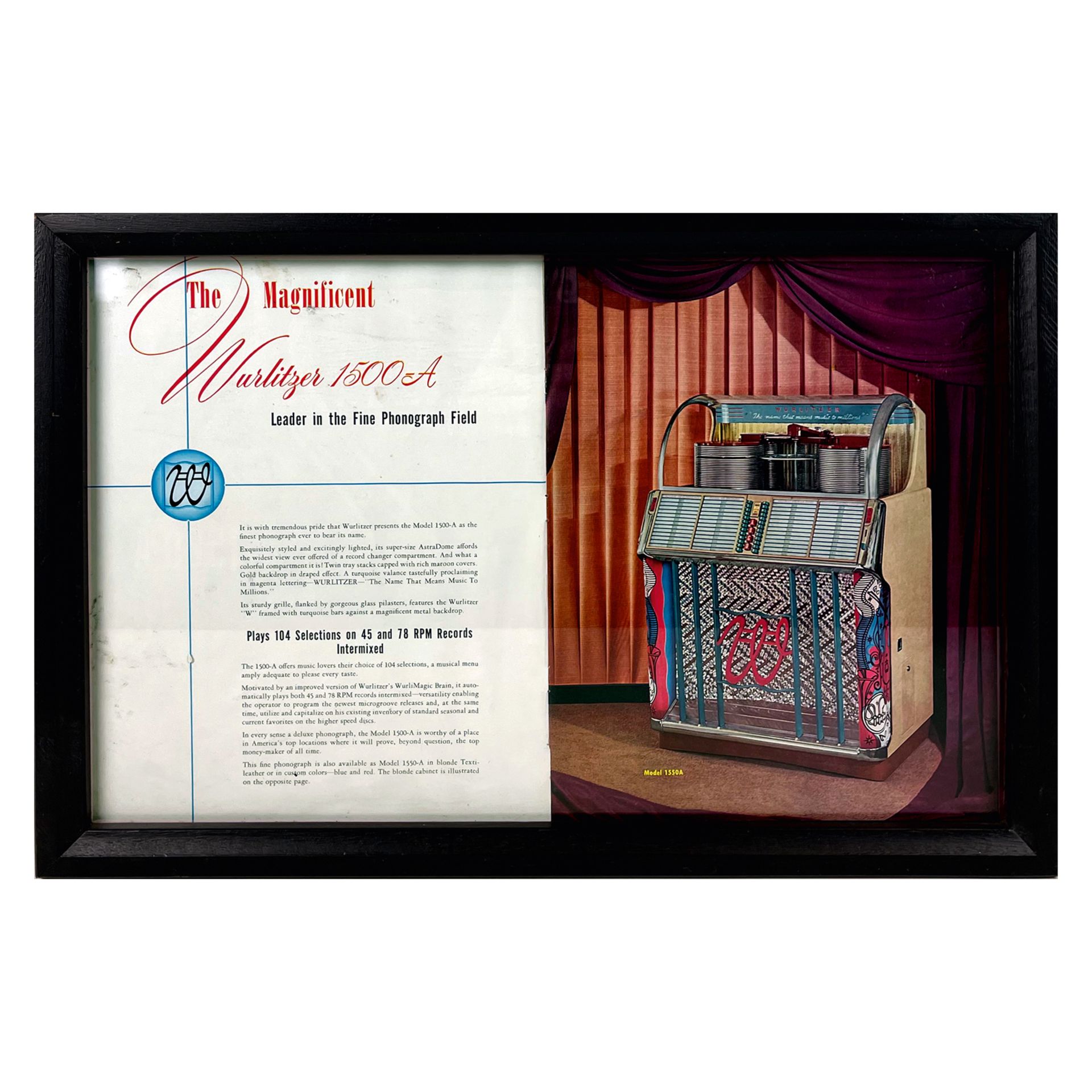 Framed Wurlitzer 1500A Jukebox Advertisement