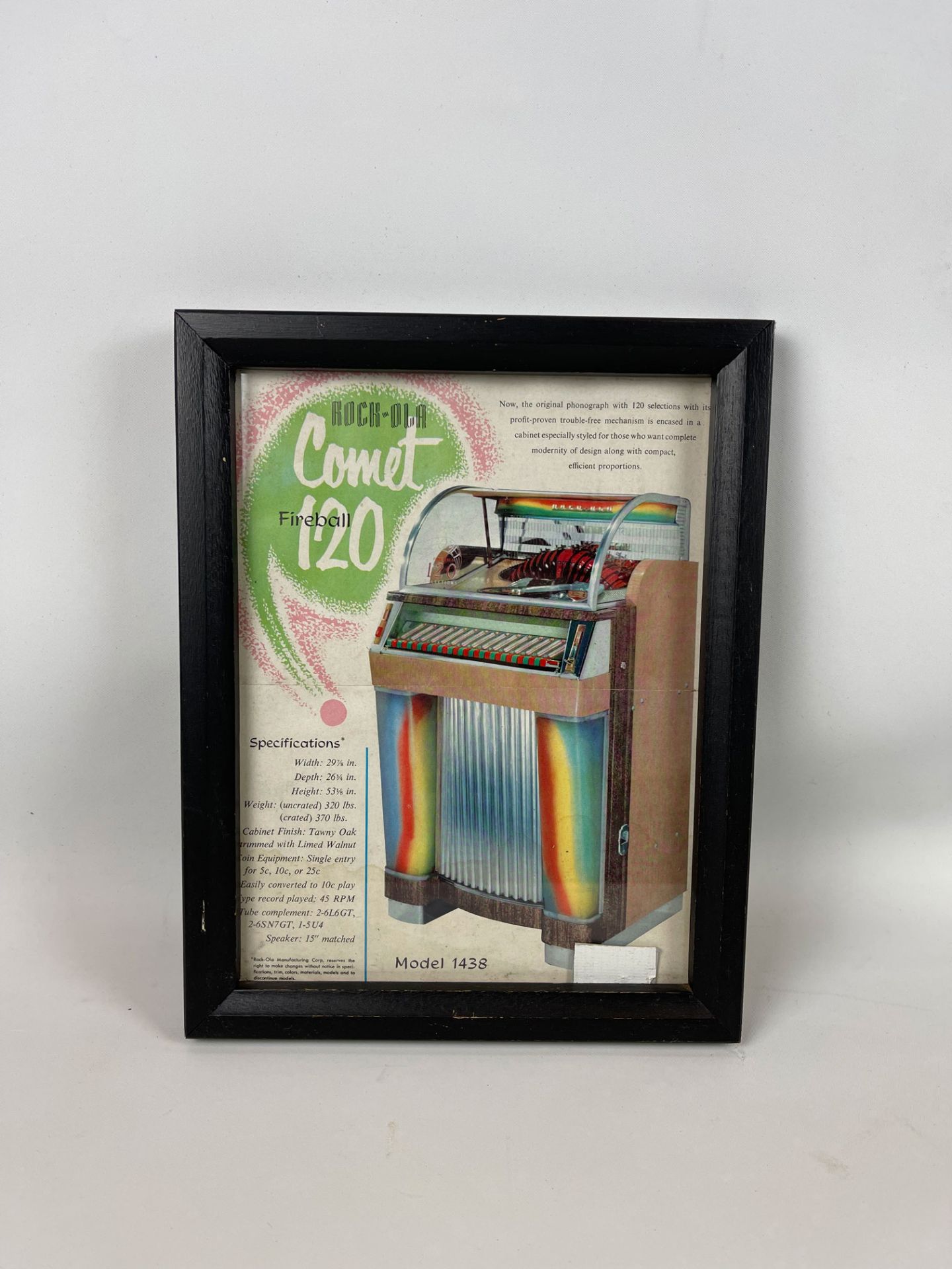 Framed Rock-Ola 1438 "Comet Fireball" Jukebox Advertisement - Image 2 of 3