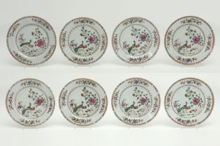 series of eight 18th Cent. Chinese plates in porcelain with a 'Famille Rose' decor with peacocks