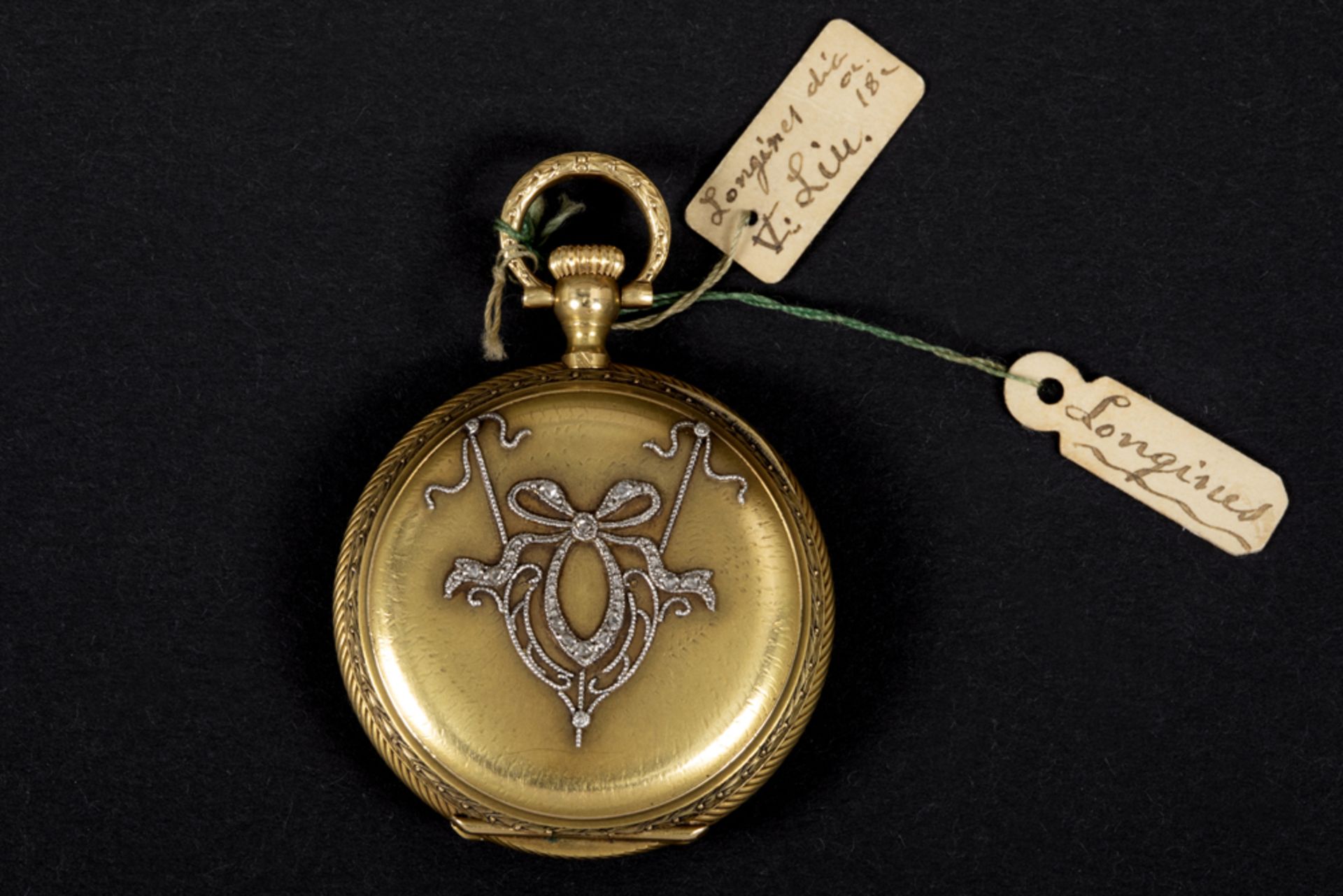 antique Longines marked ladies' pocket watch in yellow gold (18 carat) with its lid with a - Bild 2 aus 4