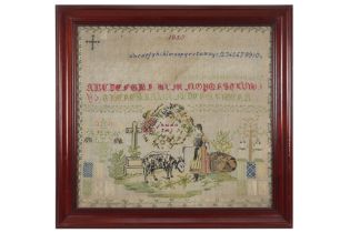 quite large, framed needlework sampler dated 1850 || Vrij grote ingekaderde merklap gedateerd 1850