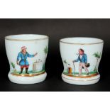 pair of 19th Cent., presumably German, goblets in white glass with painted figures || Paar