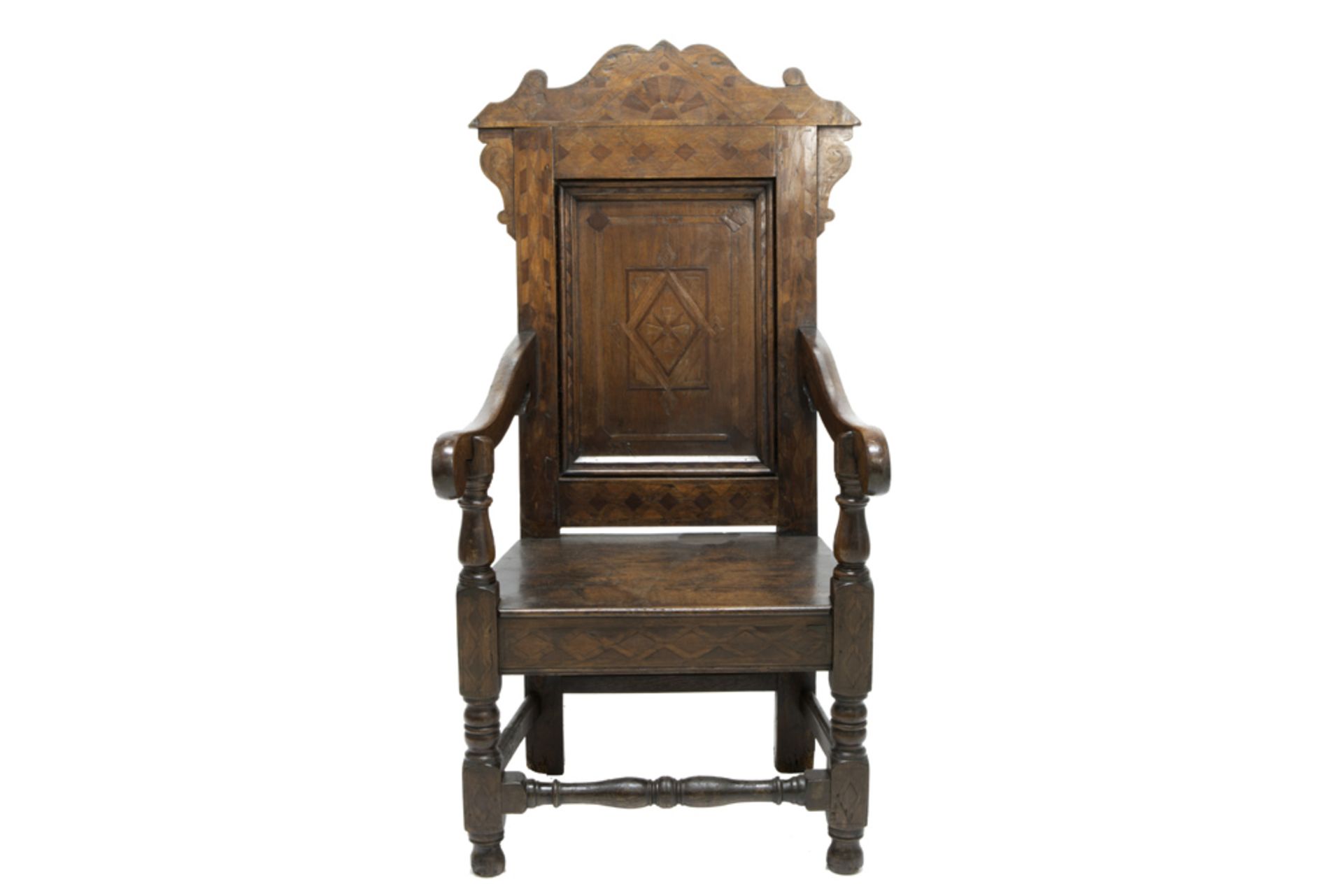 17th Cent. English armchair in oak with inlay || Zeventiende eeuwse Engelse armstoel in eik met - Image 2 of 3