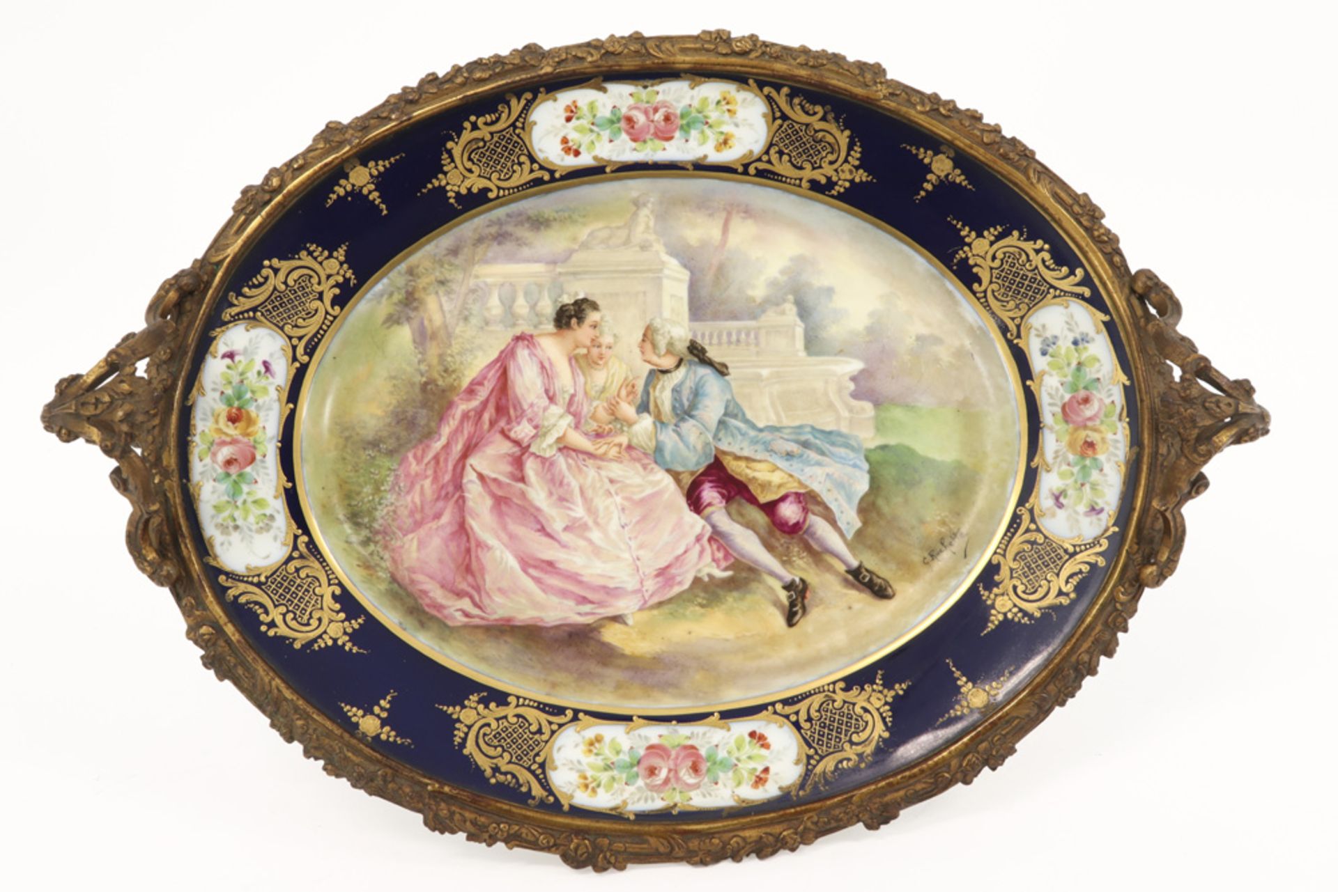 oval dish in Sèvres marked porcelain with paintings, signed Rochette, and with mounting in gilded - Bild 2 aus 5
