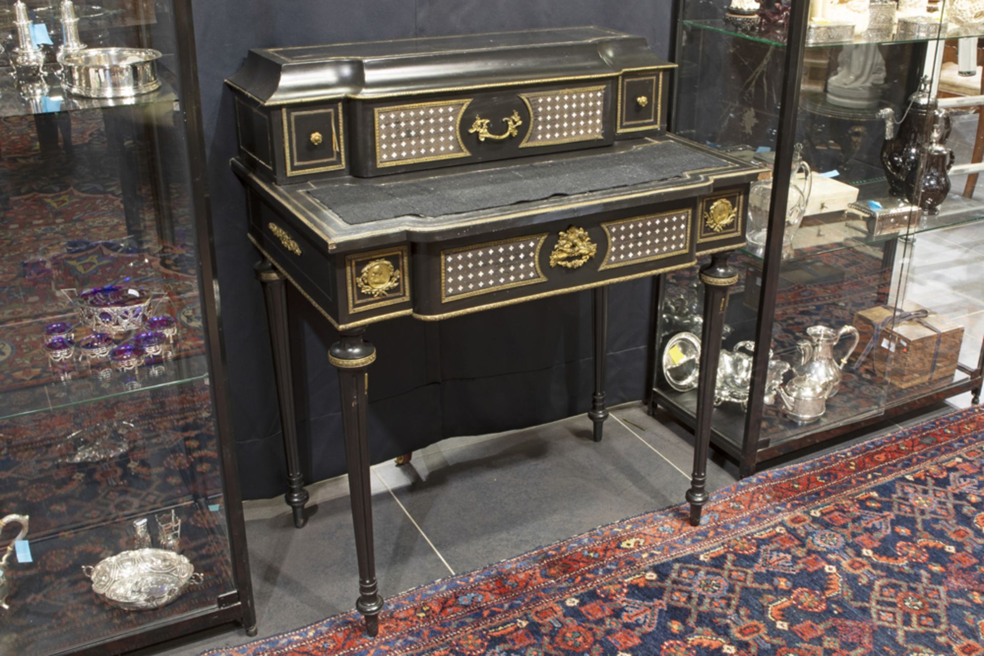 19th Cent. neoclassical Napoleon III ladies' desk in ebony and ebonized wood with inlay of brass and