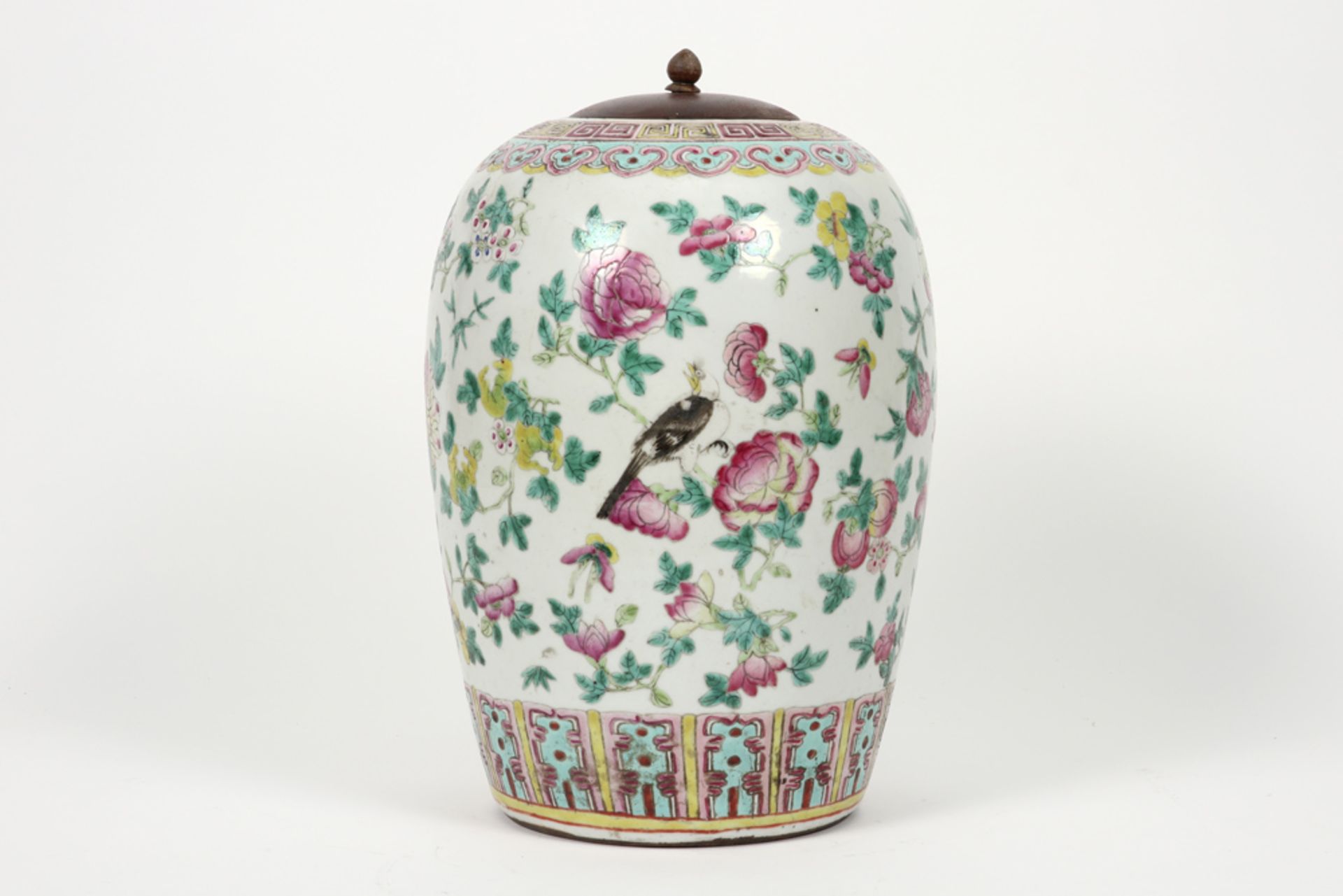 antique Chinese ginger jar in porcelain with a 'Famille Rose' decor with flowers and birds and - Image 3 of 5